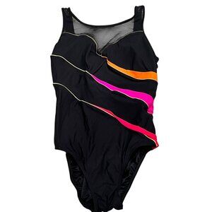 Longitude 14 Vintage Womens One-Piece Swimsuit Colorful Stripes & Mesh